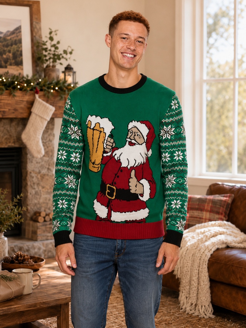 Men’s Ugly Christmas Sweater Beer Santa Holiday Party Crewneck Green NWT S